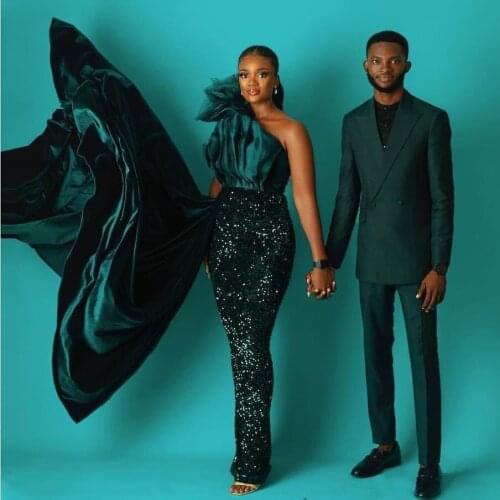 Hunter Green Sequined Mermaid Prom Dresses One Shoulder Floor Length Evening Dress Etra Train African Cocktail Party Gowns