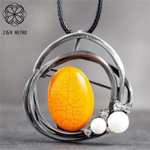 Vintage Jewelry Long Necklace for Women Orange Color Stone Beads Suspension Pendants Rope Chains Choker Jewellery 2020 Wholesale