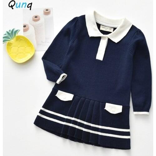 Qunq Knitted Girls Dress Long Sleeve Spring Fall Kids Sweater Clothes for Girl 2021 New Fashion Navy Color Children Costume
