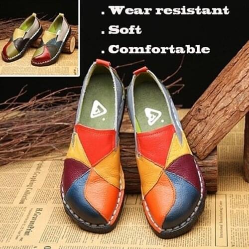 Women Fashion Casual Shoes Patchwork Style Soft Leather Shoes Loafers Flats Female Driving Shoes Mother Shoes Slip on Shoes