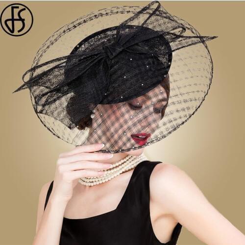 FS Black Kentucky Derby Hats For Women Elegant Sinamay Wedding Church Ladies Fascinator Hat Female Fedoras