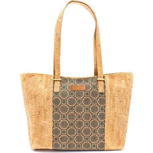 2021 Paisley Print Cork Tote Geometric Pattern Zipper Bag for Women Two Tone Splicing Natural Cork Handbag Female Should Bag