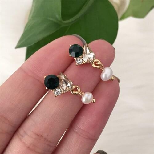 Dainty Gold Color Plating Green Clear Stone with Pearl Small Stud Earrings For Women Girl Casual Lovely Delicate Jewelry