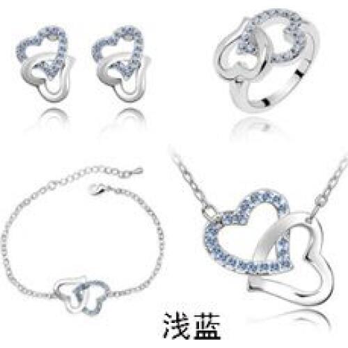 QiLeSen Fine jewelry 925 sterling silver for ladies wedding Heart to heart light blue necklace earrings bracelet ring set yw062
