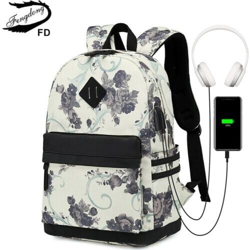 Fengdong flower school bags for girls teenagers usb backpack women bookbag middle high college school backpack teen schoolbag