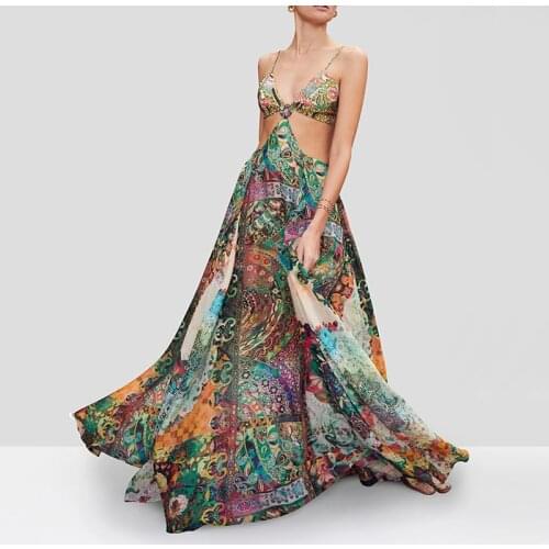 2021 Long Boho Dress new femininity Floral printed dress Park Sexy Button Dress Fahion Deep V Neck Ruffle Floral Irregular