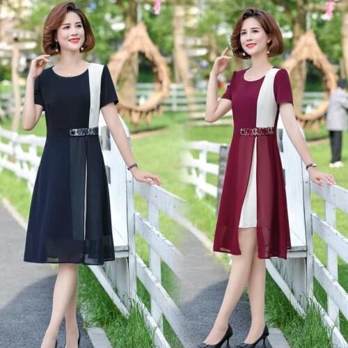 NEW Summer Elegant Patchwork Mid-Length Korean Style O-Neck Women Chiffon Cocktail Dresses Vestidos