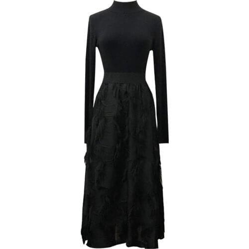 PERHAPS U Black Solid Stand Collar Long Sleeve Fit And Flare Midi Dress Knitted Mesh D1746