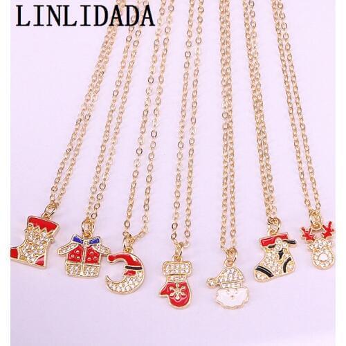 12Pcs 2019 Trendy Pave Cz Enamel Moon Sock Elk Snowman Gloves Christmas Jewelry Gold Color Pendant Necklace For Women Girl