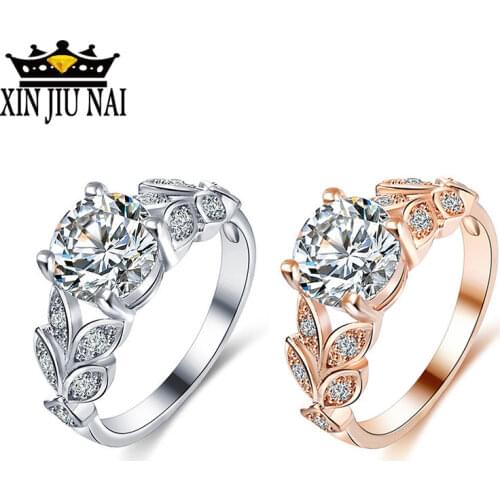 2 Colors Silver Shiny Zircon Finger Ring For Women Girl Wedding Simple Crystal Flower Vine Leaf Design Rings Jewelry Size 6-10