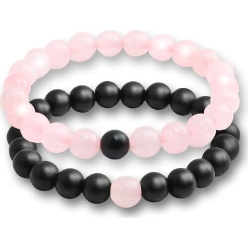 2Pcs/Set Natural Stone Pink Black Beads Couple Distance Bracelet For Men Women Strand Bracelets Bangles Yoga Lover Jewelry Gifts