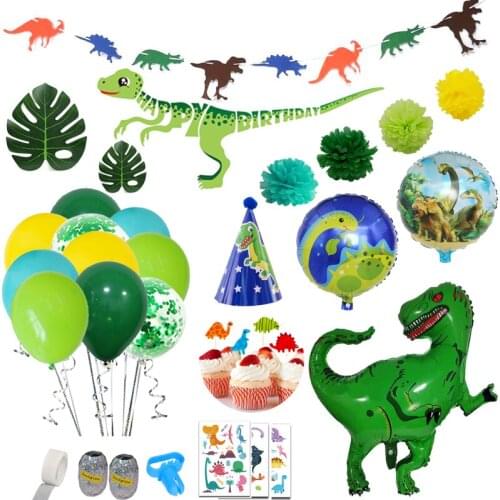 90pcs Jungle Party Decoration Dinosaur Birthday Balloons Foil Dinosaur Balloon Safari Rex Dinosaur Tattoo Happy Birthday Banner