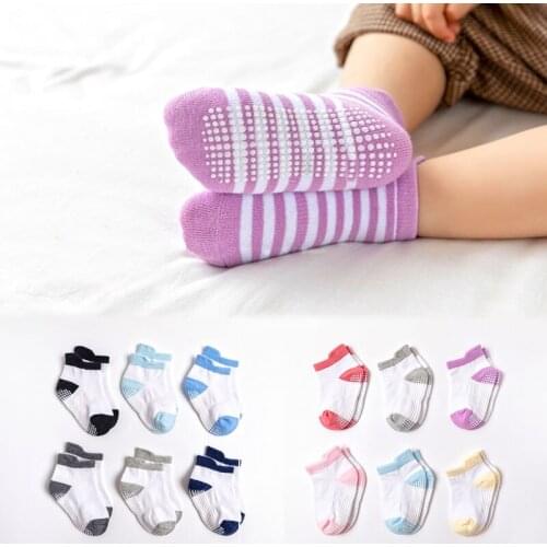 6 Pairs/lot 0 to 5 Yrs Cotton Childrens Anti-slip Boat Socks For Boys Girl Low Cut Floor Kid Sock With Rubber Grips Four Season
