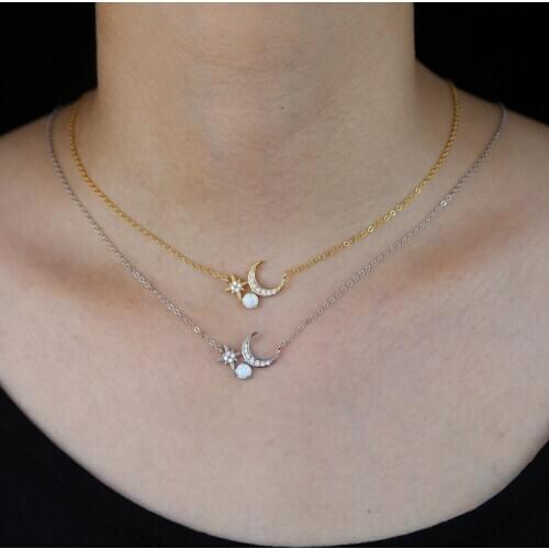 Fiine 925 sterling silver jewelry white fire opal gemstone delicate dainty cz moon star silver necklace for Christmas gift