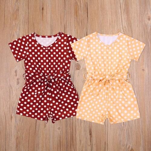 2021 Newborn Summer Romper, Baby Girl Belted Polka Dot Print Short Sleeve Round Neck Playsuit
