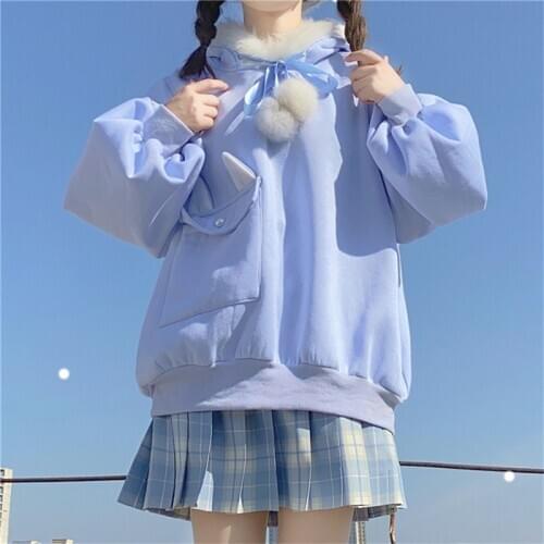 Kawaii Fluffy Bunny Ear Pink Hoodie Women Lolita Teen Soft Girls Cute Sweatshirt Sweet Aesthetic Oversized Winter Blue Pullover