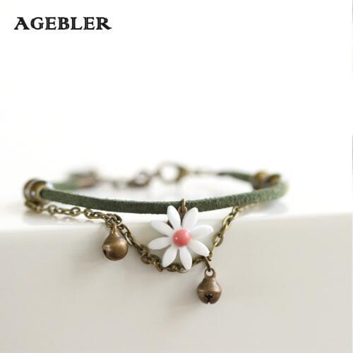Fashion Japanese Flower Bracelets Summer Style Handmade Ceramic Jewelry for Women Gills Daisy Pattern with Bell Leather Rope