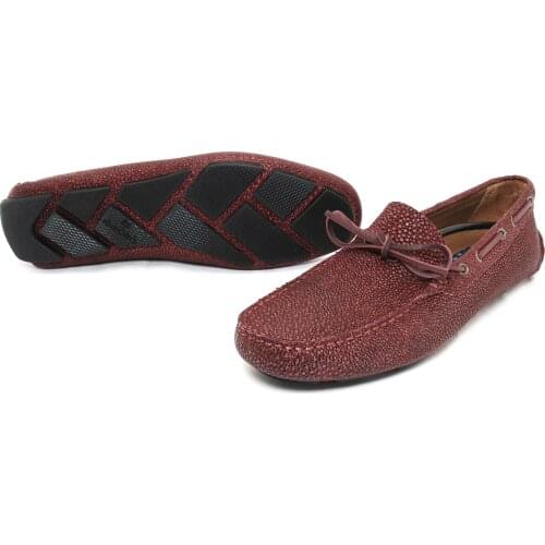 Handmade Moccasins with Stingray Skin Pattern Calf Leather, Burgundy Color, Soft & Light Comfort Casual Shoes for Daily Fashion