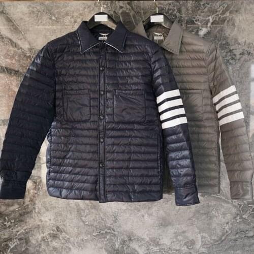 2021 Fashion Brand Men Down Coats Slim Fit Turn Down Collar Down Jacket Striped Solid Thin Casual Winter Clothing