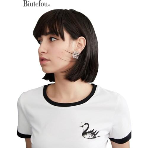 Original Design 2021 Summer Women Art Swan Print Slim Black Edge Color Block Stretch T-Shirt