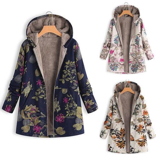Flower Leaf Printed Women Autumn Winter Warm Hooded Coat Zipper Overcoat