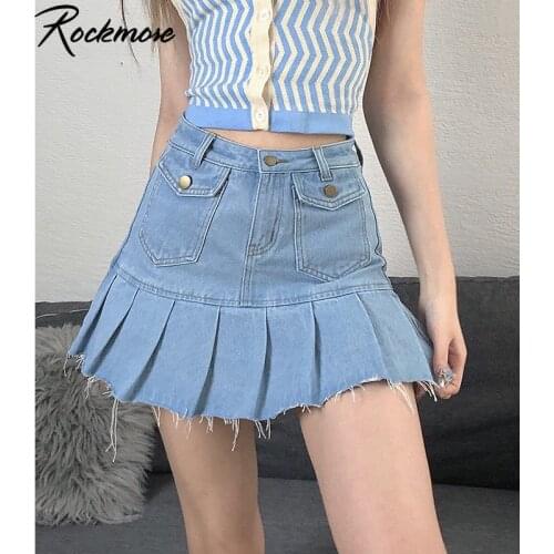Rockmore Summer High Waist Pleated Skirts Women Jeans Skirts Zipper Mini Skirts 90S Streetwear Pocket Y2K Skinny Blue Skirt New