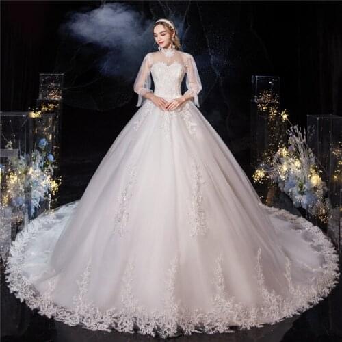 Vestido De Noiva 2020 Gryffon Luxury Full Lantern Sleeve High Neck Weddign Gown With Train Lace Up Princess Plus Size Ball Gown