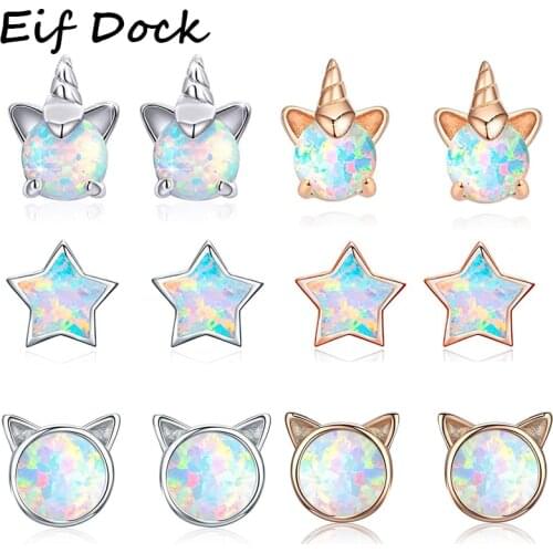 Eif Dock Silver Color Cute Unicorn Cat Satr Opal Stud Earrings For Women Wedding Small Earrings Fashion Anniversary Jewelry