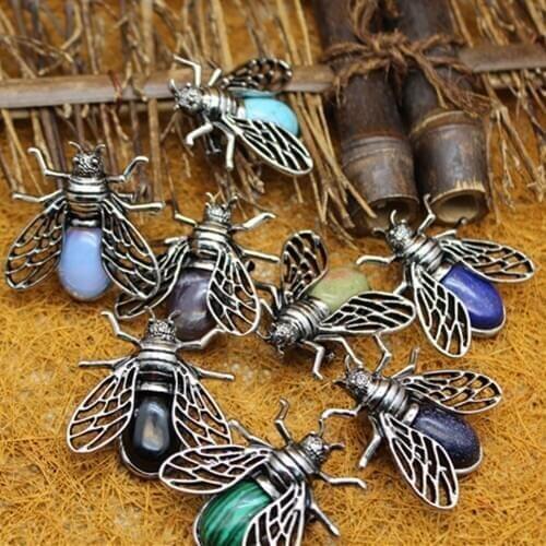 6PCS Animal Brooch Pins For Women Natural Stone Pendant Bee Brooches Pin Jewelry Wedding Party Bijoux Gift Reiki Chakra Pendulum