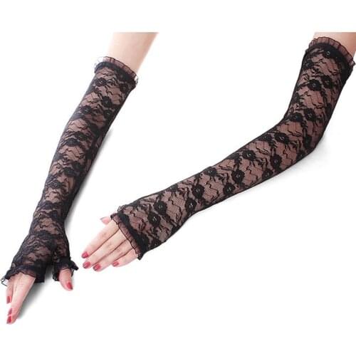 Womens Summer Half Finger Long Sexy Lace Gloves Thin Arm Sleeves Fingerless Driving Sunshade Etiquette Wedding Bride Gloves