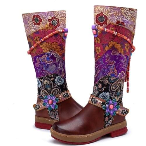 Round Head Comfortable Leisure Retro Embroidered High Insulated Boots Knee - Length Flat Boots For Women