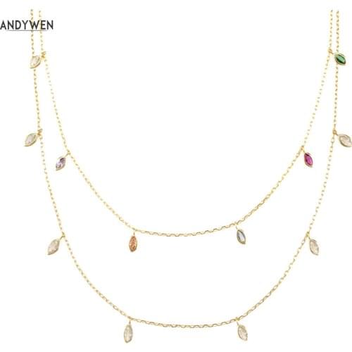 ANDYWEN 925 Sterling Silver Ovals Zircon Charm CZ Clear Charm Choker Necklace Long Chain Rainbow Luxury Women Wedding Jewelry