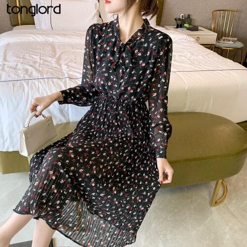Autumn Casual Pleated Midi Bottoming Dress Female Elastic Waist Floral Printed Bow Collar Women Chiffon Dresses Mujer Vestidos