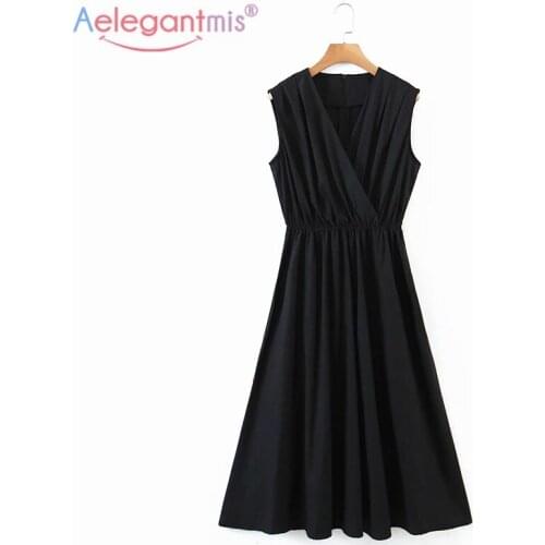 Aelegantmis Black V Neck Cross Sleeveless Party Dresses Women Solid Elegant Empire Waist Dress Summer Simple Fashion Vestidos