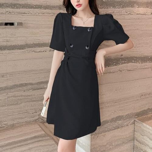WKFYY Women Elegant Vintage Square Collar Puff Sleeve Belt Sashes Irregular Folds Double Slim Pleated Breasted Short Dress D4049