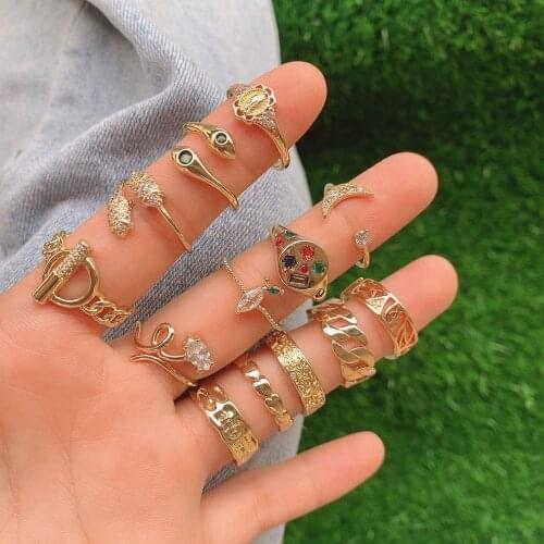 10PCS, Boho Gold Rings for Women New Charm Crystal Zircon Ring Set Eye Moon Heart Snake Chain Geometric Jewelry Gift