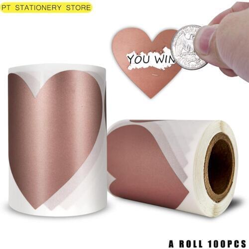 100 PCS Heart shaped rose gold Scratch Off Stickers for Custom Game Party Activity Sticker Stationery Sticker Clear Stickers