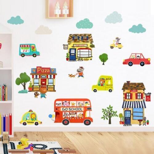 143*64CM Wall Sticker Cartoon Kids Bedroom Accessories Cute Car Kindergarten Classroom Layout Wallpaper Self-sticker Painting