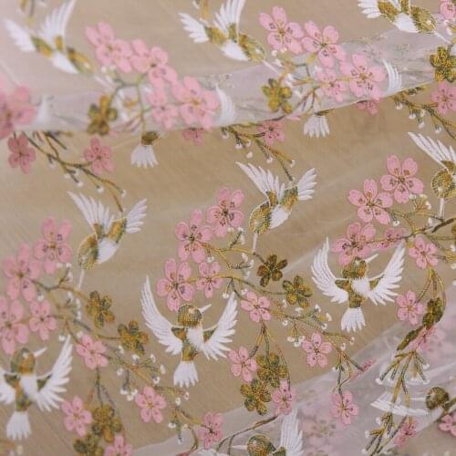 150CM Wide 31MM Pink Embroideried White Polyester Lace Fabric for Spring Summer Wedding Evening Dress J164