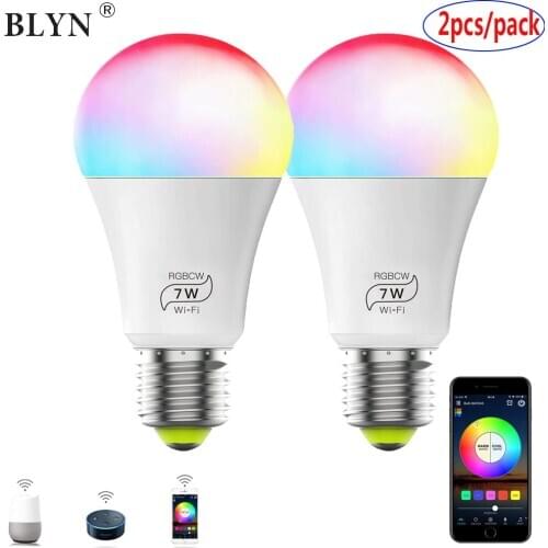 2pcs smart wifi led bulb e27 a19 e26 ac110v 220v 7W rgb cct bulb party dancing light app voice control alexa google home lamp
