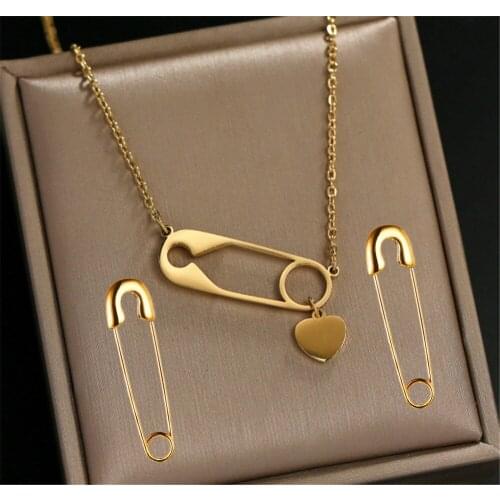 316L Stainless Steel 3D Golden Pin Pendant Necklace Earrings Elegant Design Sense Simple Temperament Jewelry Set