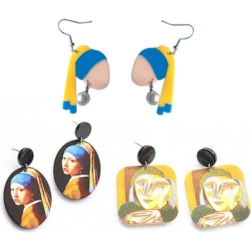 Acrylic Earrings for Women Vintage Oil Painting Printed Dangle Earrings Geometric Pearl Drop Earrings Fashion Jewelry Female