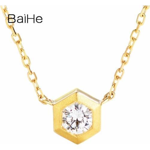BAIHE Solid 18K Yellow Gold 0.08CT Certified H/SI Natural Diamond Wedding Women Trendy Fine Jewelry Beautiful Diamond Necklaces