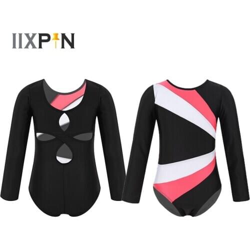 Ballet Leotards for Girls Kids Children ballerina Gymnastics Leotard Long Sleeves Color Block Cutout Back Ballet Dance Jumpsuit