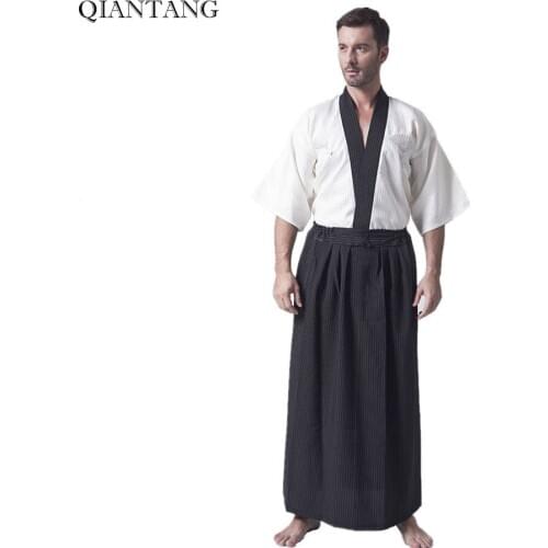 Beige Japanese Mens Kimono Yukata Hot Sale Traditional Stage Performance Dance Costumes Quimono One Size Hs001
