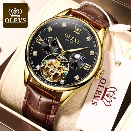 OLEVS Fashion Mens Mechanical Watch Top Brand Luxury Automatic Watch Leather Waterproof Sports Moon Phase Gentleman Watch