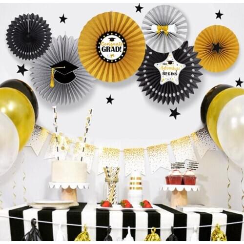 Party Graduation Decoration Photobooth Props Black Gold Cut-out Paper Fans Party Backdrops Grad Graduation Class Of 2020