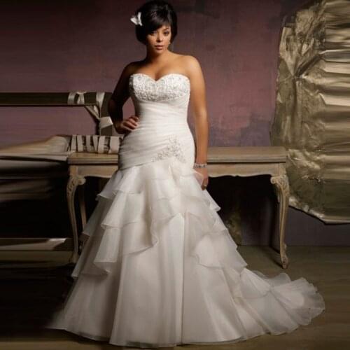 Elegant Gown Mermaid Pleats/Appliques Zip Up/Lace Up Organza Plus Size Wedding Formal Gowns