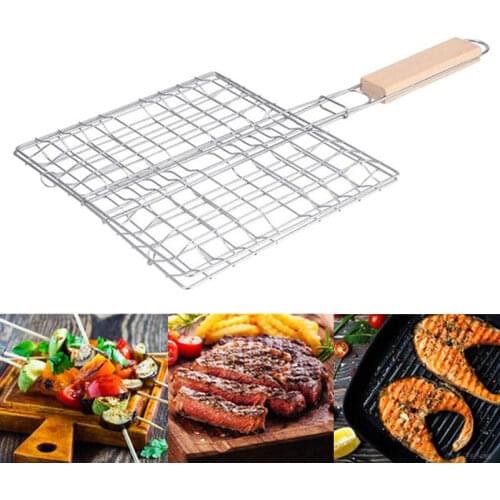 BBQ Non-Stick Grill Basket BBQ Net Wooden Handle Meat Fish Clip Holder Outdoor Grill Accessories For Steak Chops Vegetable