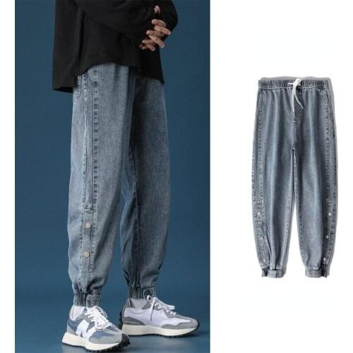 Trendy brand mens jeans loose straight leg wide leg Korean style trendy harem pants tie-leg casual trousers